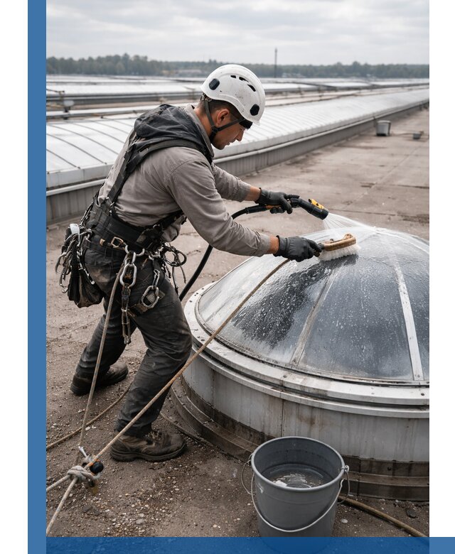 Мойка зенитных фонарей на кровле для промышленных объектов в Россоши