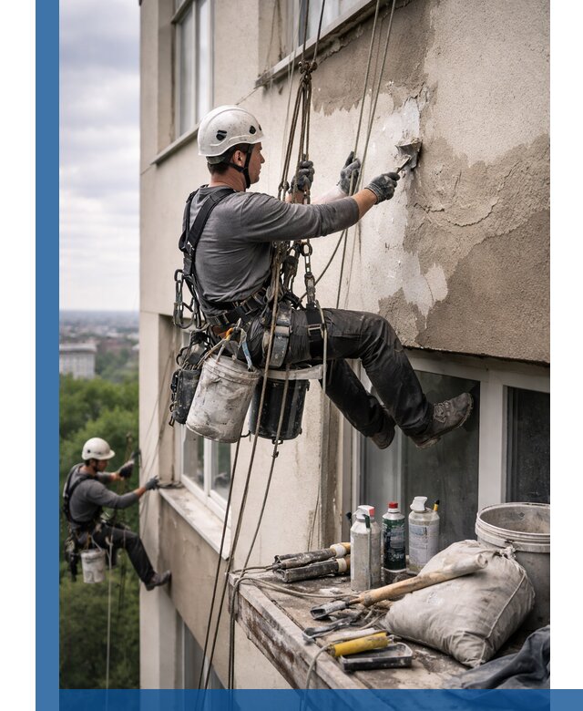 Косметический ремонт фасада зданий в Россоши промышленными альпинистами