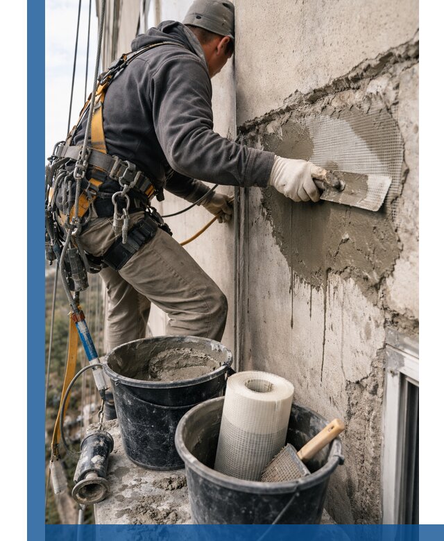 Ремонт бетонных элементов фасада промышленными альпинистами в Россоши