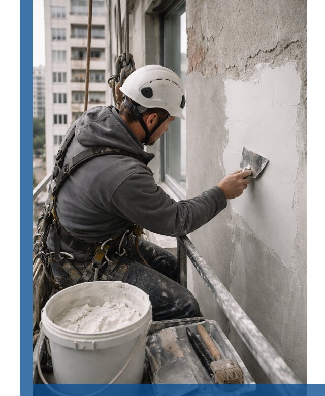 Шпаклевка фасадов на высоте с промальпинистами в Россоши