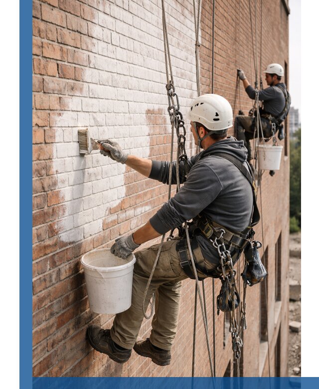 Покраска кирпичного фасада с доступным альпинистским сервисом в Россоши