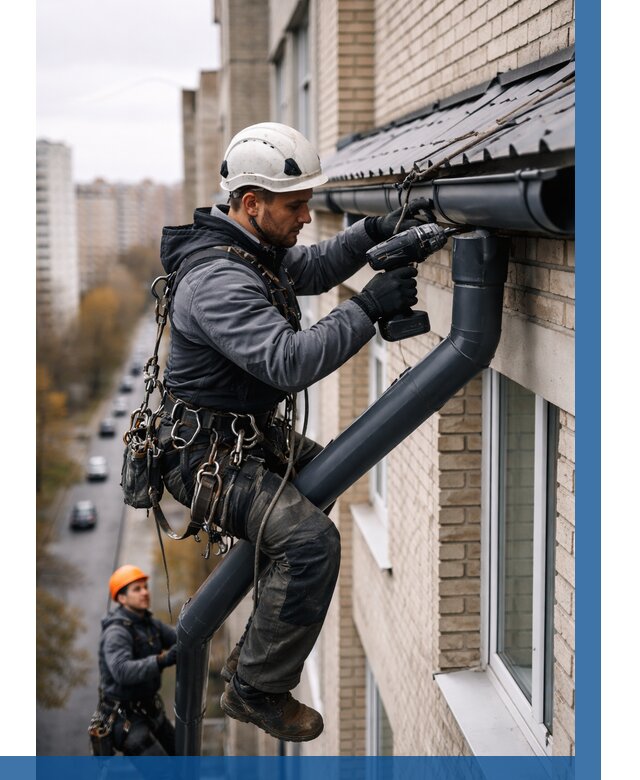 Монтаж водосточной системы на здании в Россоши от 5185 р. | ВЫСОТНИК-Рсс