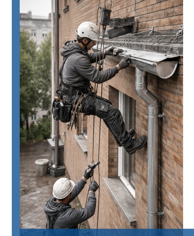 Монтаж водосточной системы на здании в Россоши под ключ