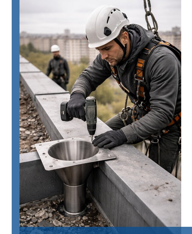 Монтаж водосточных воронок в Россоши для промышленных зданий