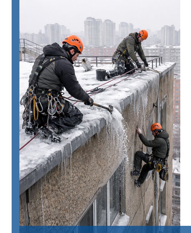 Удаление наледи с кровли в Россоши промышленными альпинистами