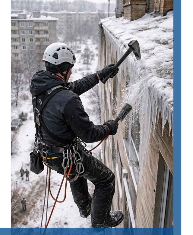 Сбивание сосулек с крыши в Россоши по цене от 4666 р. | ВЫСОТНИК-Рсс