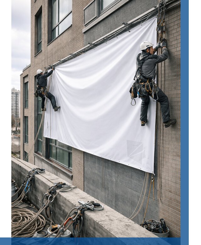 Монтаж баннеров на фасаде в Россоши от 674 р. заказать ВЫСОТНИК-Рсс