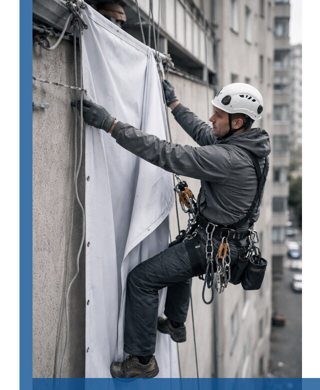 Замена баннерного полотна промышленными альпинистами в Россоши