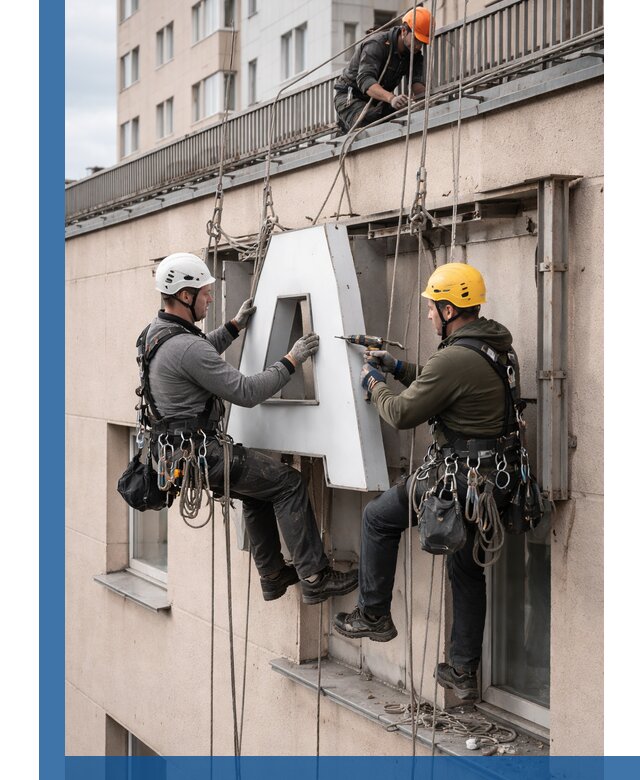 Ремонт и восстановление наружных вывесок на высоте в Россоши