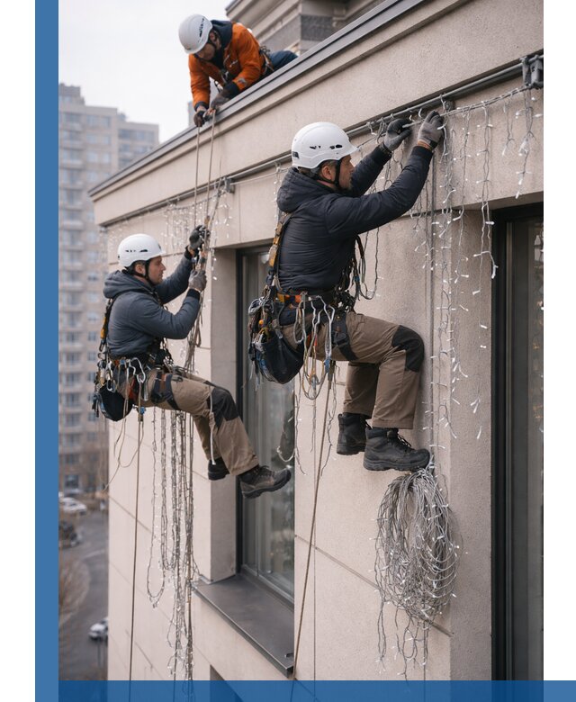 Монтаж праздничных гирлянд на фасаде в Россоши для зданий