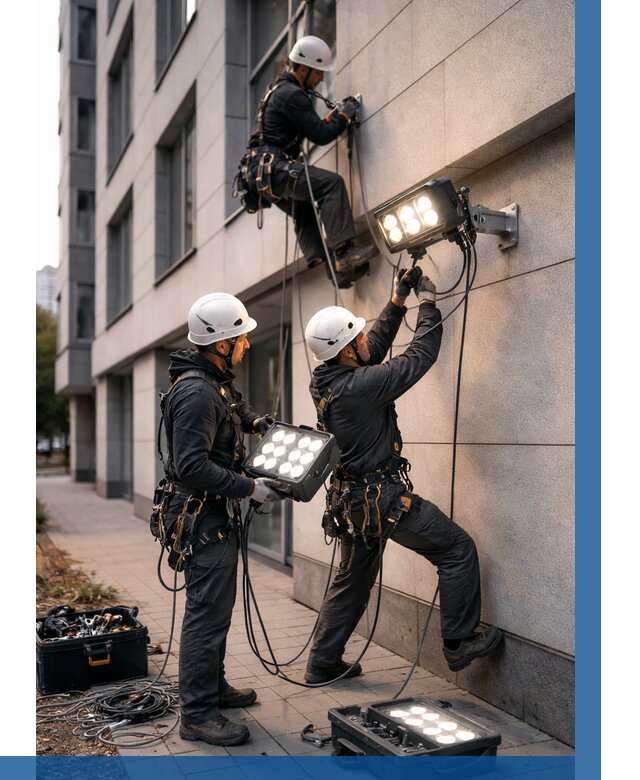 Монтаж прожекторов на фасаде в Россоши от 7777 р. | ВЫСОТНИК-Рсс