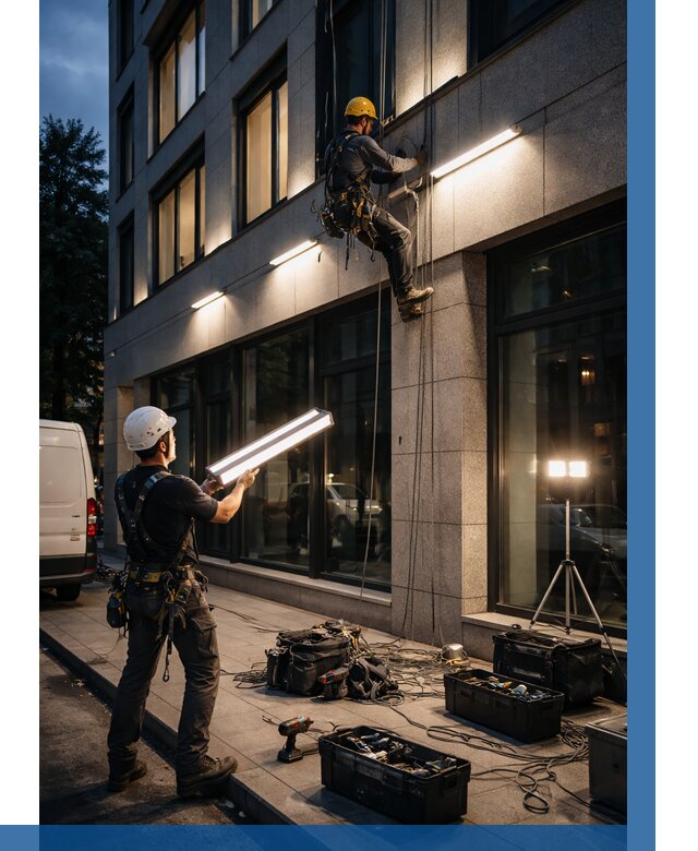 Монтаж архитектурной подсветки здания в Россоши от 2592 р.|ВЫСОТНИК-Рсс