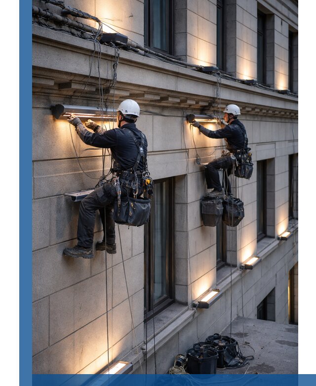 Монтаж архитектурной подсветки фасадов зданий в Россоши