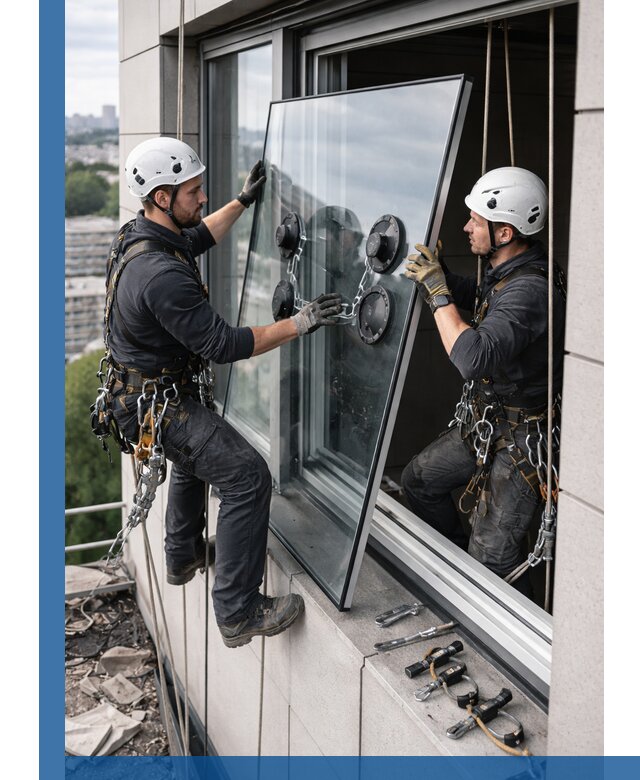 Замена стеклопакетов на высоте с промышленными альпинистами в Россоши