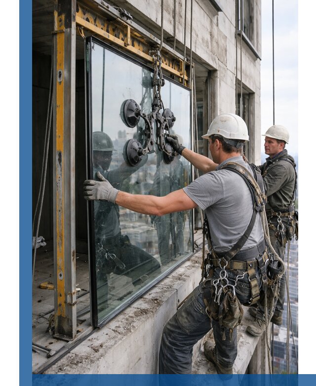 Монтаж стеклопакетов на высоте в Россоши с промышленным альпинизмом