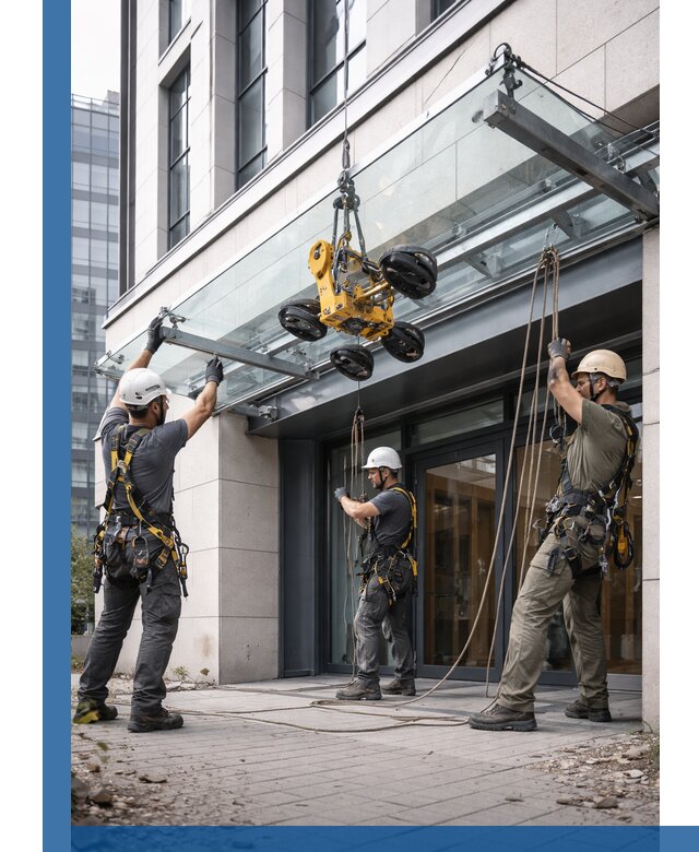 Монтаж стеклянных козырьков под ключ в Россоши для зданий