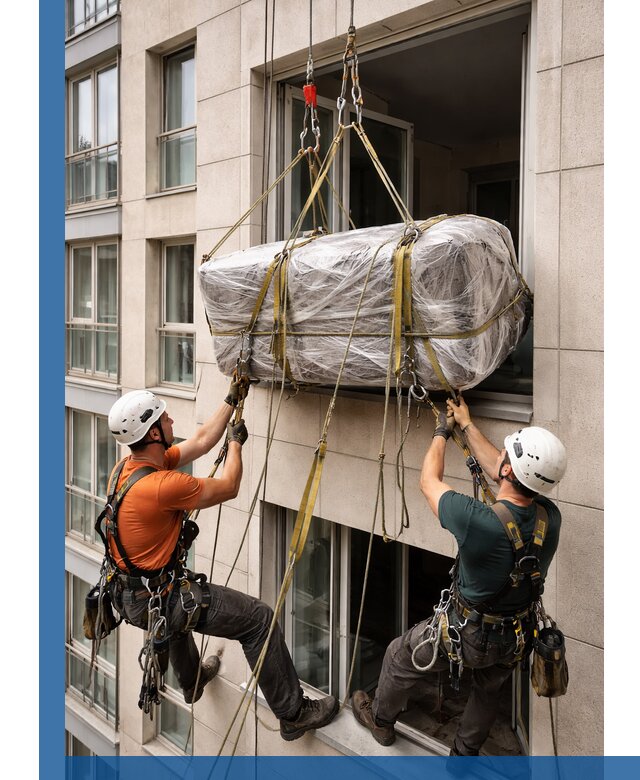 Подъем грузов через окно в Россоши промышленными альпинистами