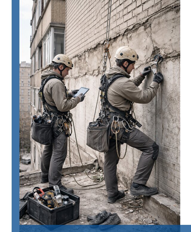 Обследование фасада промышленными альпинистами в Россоши